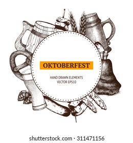 Vector design for German traditional food in retro style for Oktoberfest. Vintage background with ink hand drawn food illustration isolated on white. 