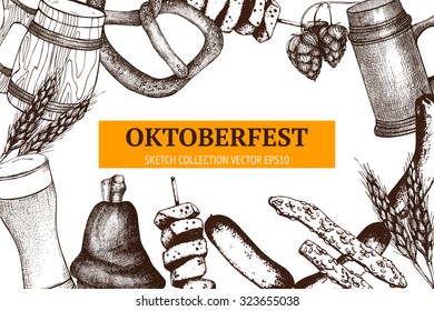 Vector design for German traditional food in retro style for Oktoberfest. Vintage background with ink hand drawn food illustration isolated on white.