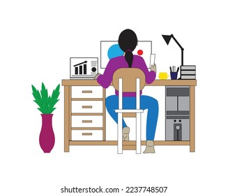 vector design of a girl doing her college assignments using a computer and laptop on the table and there are three books and a drink on her right