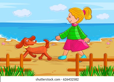 Vector design of girl walking with dog near sea beach