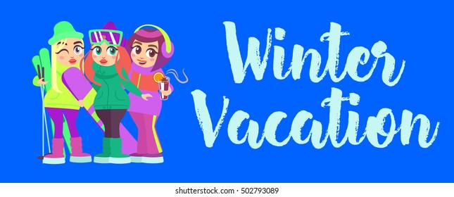 Vector design with the girls on winter vacation. Cartoon style.