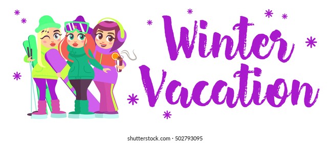 Vector design with the girls on winter vacation. Cartoon style.