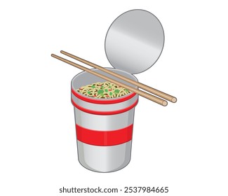 Vector design of a glass or mug made from a mixture of ingredients containing noodles with a pair of chopsticks to use to pick up the soupy noodles