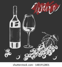 Vector design with  glass of wine and grapes onthe black background