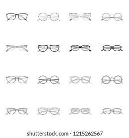 Vector design of glasses and frame sign. Collection of glasses and accessory stock vector illustration.
