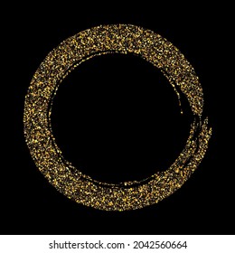 Vector design glitters with gold from fine dust, confetti scattering on black background. Circle frame
