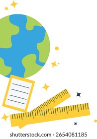 Design vetorial de globo, régua e folhas de papel com faíscas. Ideal para educação em geografia, aprendizado global, recursos visuais em sala de aula, viagens, mídia de temática mundial.