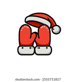 vector design of gloves with santa hat, looks very special in christmas, cute stickers in snow season, happy christmas, merry christmas.