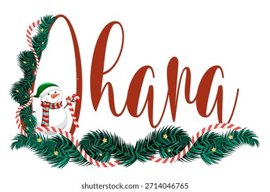 Vektordesign von "Ohana" mit leuchtenden Weihnachtslichtern in Rot, Grün und Gelb. Ideal für Urlaubskarten, Kunsthandwerk und Drucke zum Thema Familie.