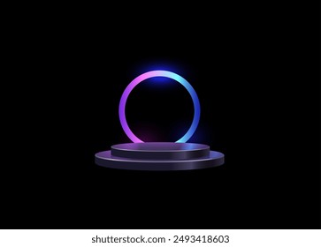 Vector design of a glowing neon pedestal with a round frame, ideal for magic tunnel visuals or product displays. Realistic circle with platform on isolated black background.