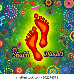 Vector design of Goddess Lakshmi foot print for Happy Diwali prayer festival of India in Indian art style