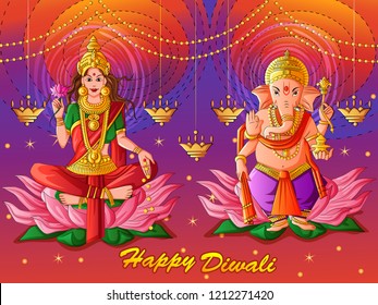 Vector design of Goddess Lakshmi and Lord Ganesha for Happy Diwali prayer festival of India in Indian art style