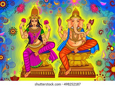 Vector design of Goddess Lakshmi and Lord Ganesha for Happy Diwali prayer festival of India in Indian art style