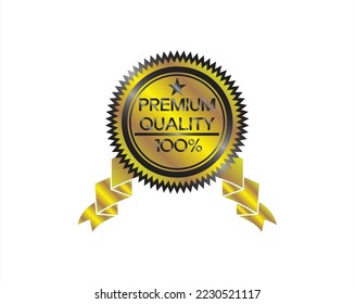 vector design of a gold label or tag in a jagged round shape with a black circle and also one star at the top with the words PREMIUM QUALITY 100%
