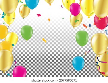 Globos de colores dorados de diseño vectorial con confeti, cintas sobre fondo claro. Ilustración festiva, tarjeta de saludo