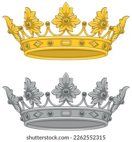 Vector design of golden crown in medieval style, crown of the European monarchy