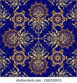 Vector Design With Golden Elements for Greeting or Business Cards, Invitations and Frames on blue Background. Retro golden seamless pattern. Vintage Golden Scrolls for Ornate Decor in Victorian Style.