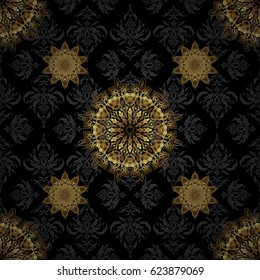 Vector Design With Golden Elements for Greeting or Business Cards, Invitations and Frames on black Background. Retro golden seamless pattern. Vintage Golden Scrolls for Ornate Decor in Victorian Style