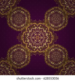 Vector Design With Golden Elements for Greeting, Business Cards, Invitations and Frames on purple Background. Retro Golden Seamless Pattern. Vintage Golden Scrolls for Ornate Decor in Victorian Style.