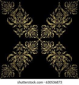 Vector Design With Golden Elements for Greeting or Business Cards, Invitations and Frames on black Background. Retro golden seamless pattern. Vintage Golden Scrolls for Ornate Decor in Victorian Style