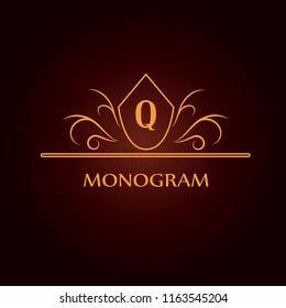 Vector design of the golden monogram. Letter Q. Can be used for coat of arms, for restaurant, royalty, boutique, cafe, hotel, heraldry, jewelry, fashion, wine.