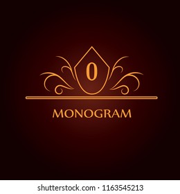 Vector design of the golden monogram. Letter O. Can be used for coat of arms, for restaurant, royalty, boutique, cafe, hotel, heraldry, jewelry, fashion, wine.