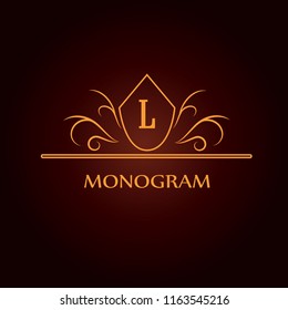 Vector design of the golden monogram. Letter L. Can be used for coat of arms, for restaurant, royalty, boutique, cafe, hotel, heraldry, jewelry, fashion, wine.