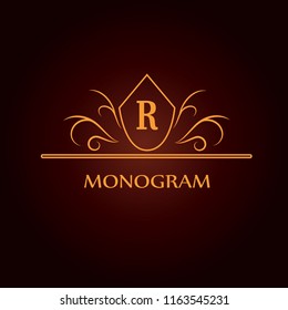 Vector design of the golden monogram. Letter R. Can be used for coat of arms, for restaurant, royalty, boutique, cafe, hotel, heraldry, jewelry, fashion, wine.