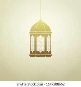 Vector design of golden muslim lantern on ancient mosque background with patterns