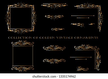 Vector design golden ornament elements on a black background for the design of greeting and invitation cards. 