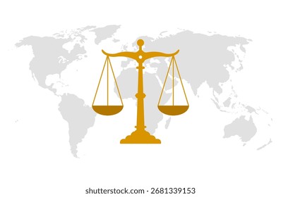 Vector design of a golden scale on a world map symbolizing justice