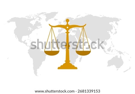 Vector design of a golden scale on a world map symbolizing justice