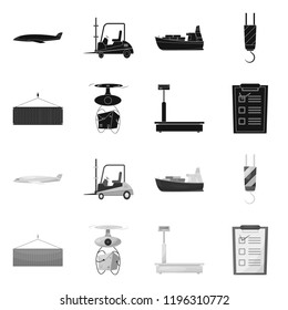 Vector design of goods and cargo sign. Collection of goods and warehouse stock symbol for web.