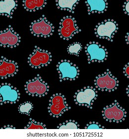 Vector design. Graphic hearts love on black, blue and red colors. Seamless love pattern with cute lettering calligraphy text and hearts, envelopes, doodles. Hand drawn illustration in cartoon style.