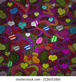 Vector design. Graphic hearts love on purple, red and green colors. Seamless love pattern with cute lettering calligraphy text and hearts, envelopes, doodles. Hand drawn illustration in cartoon style.