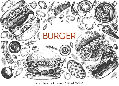 Vector Design With Graphic Illustrations Of Burger On The White Background