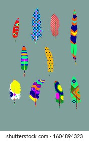 vector design graphics depicting feathers having a realistic shape and planar decorative coloring of bright colors using abstract elements and patterns