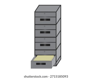 Diseño de Vector de una cajonera gris con cajones abiertos en la parte inferior que generalmente se usa para almacenar documentos, datos o archivos físicamente, así como para almacenar Archivar en edificios de oficinas o gubernamentales.
