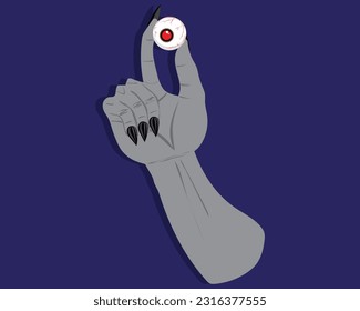 vector design of a gray hand on a dark blue background and black sharp fingernails holding a red and white eyeball suitable for a halloween celebration symbol