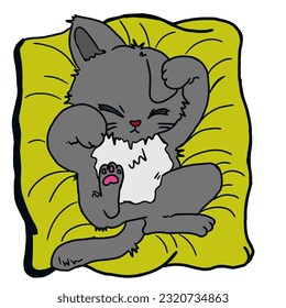 vector design of a gray kitten relaxing on a yellow pillow this design is perfect for use as a child's room wall poster or a picture on a children's playground