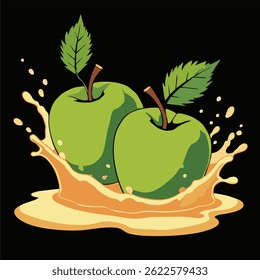 Vector design. Green apple,
fruit juice splashes, drops isolated 
on black background. Fashionable print for paper, 
fruit juice, ice cream, yogurt, candy,
lemonade label, sweet water, food packaging.