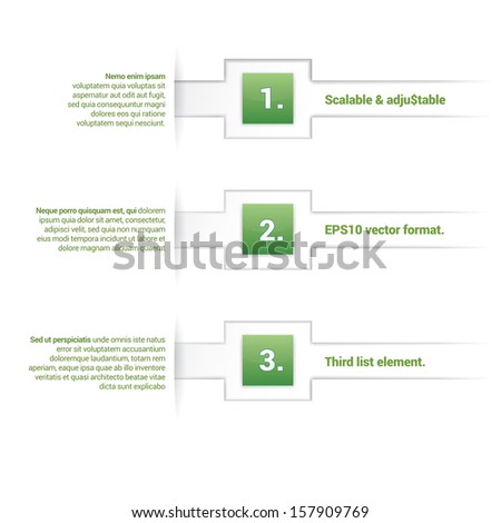 Vector design. Green color concept composition of an abstract minimal geometric paper background based list elements with content field for numbering or letters, colorful rectangles for universal use 