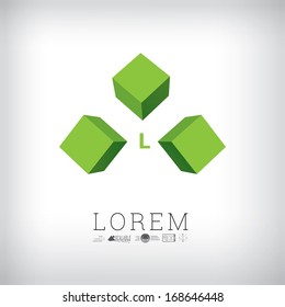 Vector design. Green eco - edition of an abstract 3d corporate composition of three cubes in a white space. Brand icon holder or layout element for print, for web or for infographics illustration.