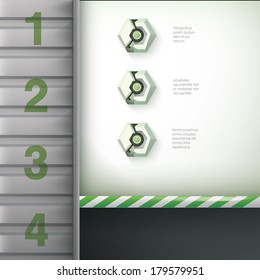Vector design. Green edition of an abstract geometric 3d industrial robot illustration with  a metallic lamine wall. Iinfographics illustration element for web, printed presentation & brochure graphic