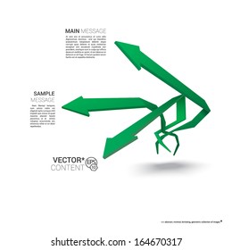 Vector design. green edition of  scalable eps10 illustration of a geometric abstract levitating arrow composition in 3d space for destinations & infographics & web site & brochure or menu navigation