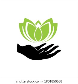 Diseño vectorial de la ilustración del logotipo de la flor verde sobre el fondo de la palma