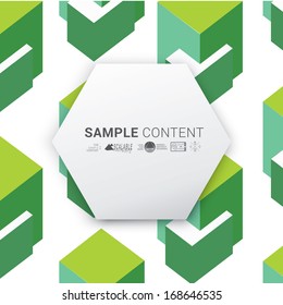 Vector design. Green isometric edition of a minimal scalable abstract geometric hexagon shape textbox with an artistic background. Layout element for web, brochure, presentation or infographics.