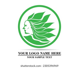vector design of a green logo shaped like a woman's head with hair that looks like blooming leaves extending down and there is a green circle around it