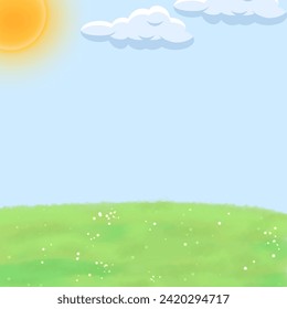 Vector design of green meadow, sun and clouds 