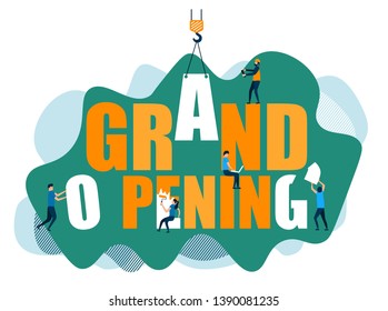 Vector design green orange color combination. Modern image grand opening with flat characters. Illustration concept for website.
